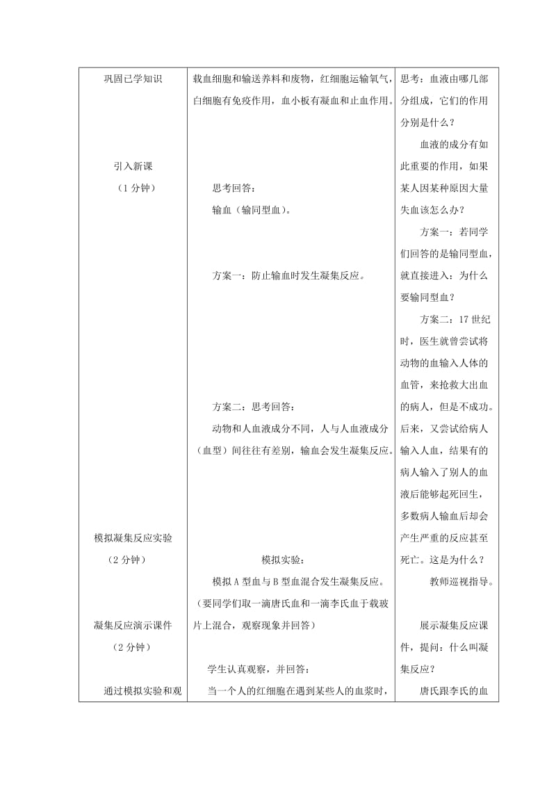 2019年春七年级生物下册 第四单元 第四章 第四节 输血与血型教案 （新版）新人教版.doc_第2页