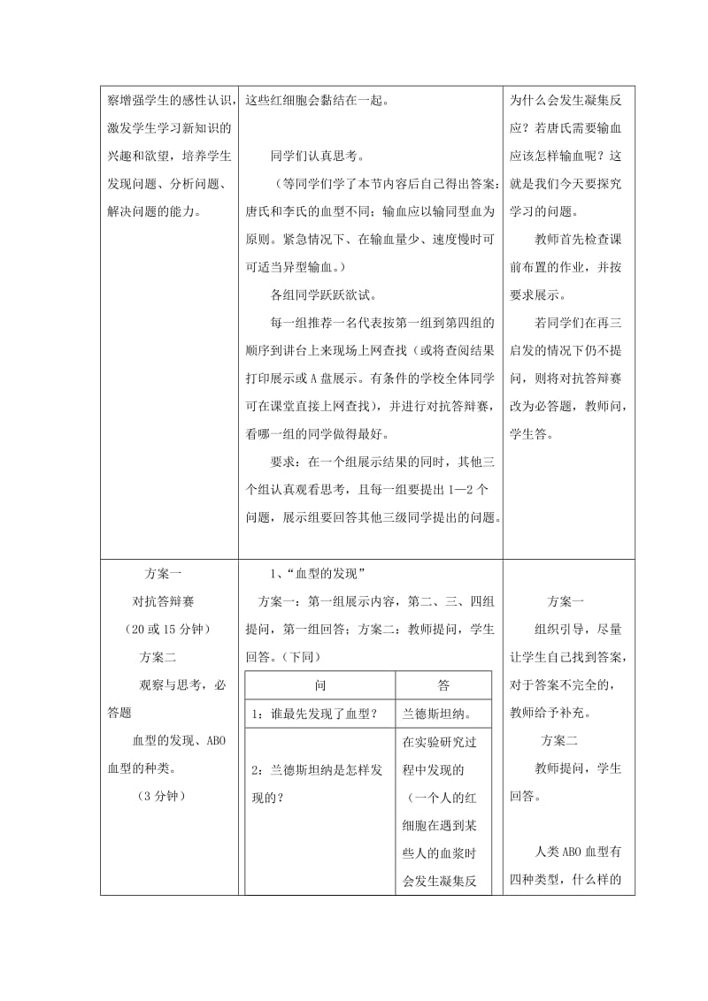 2019年春七年级生物下册 第四单元 第四章 第四节 输血与血型教案 （新版）新人教版.doc_第3页