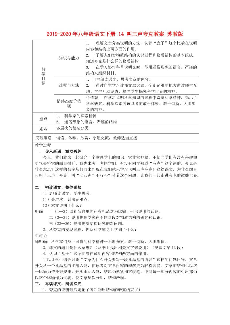 2019-2020年八年级语文下册 14 叫三声夸克教案 苏教版.doc_第1页