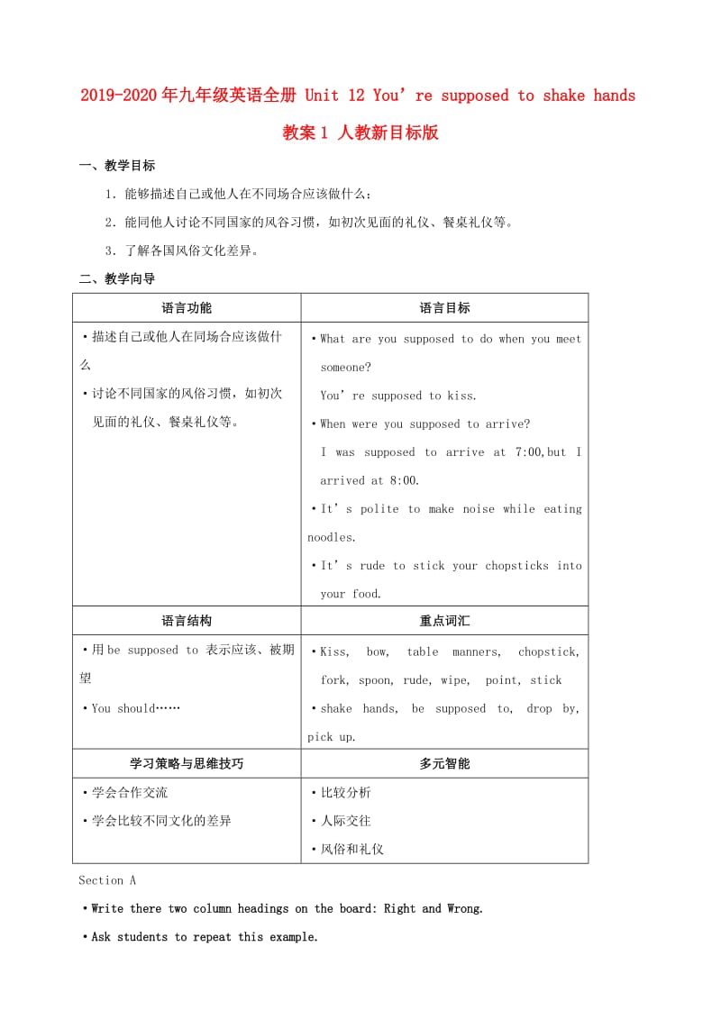 2019-2020年九年级英语全册 Unit 12 You’re supposed to shake hands教案1 人教新目标版.doc_第1页