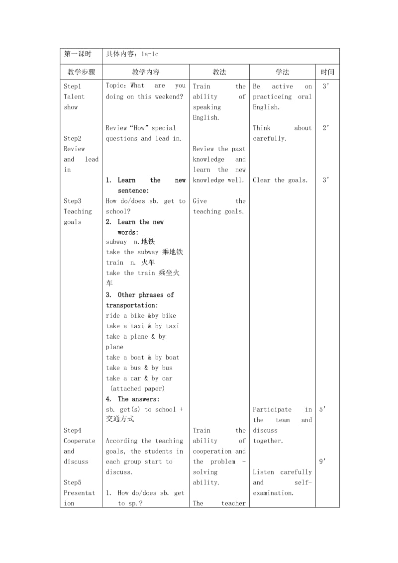 2019-2020年八年级英语上册 unit4 How do you get to school第一课时教案 人教新目标版.doc_第2页