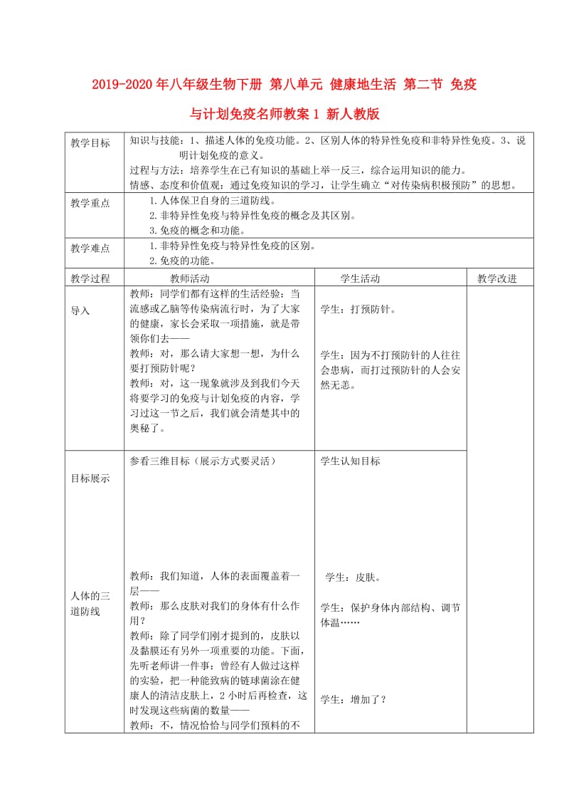 2019-2020年八年级生物下册 第八单元 健康地生活 第二节 免疫与计划免疫名师教案1 新人教版.doc_第1页