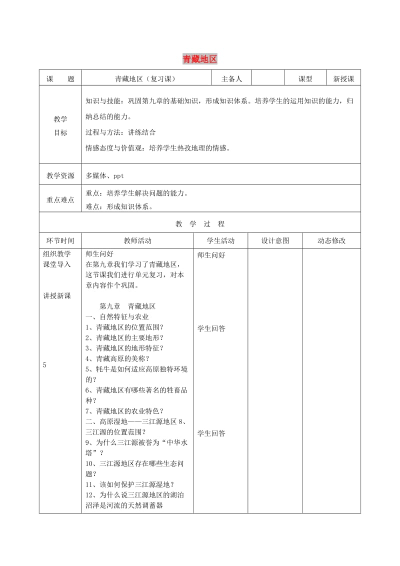 吉林省双辽市八年级地理下册 第九章 青藏地区复习教案 （新版）新人教版.doc_第1页