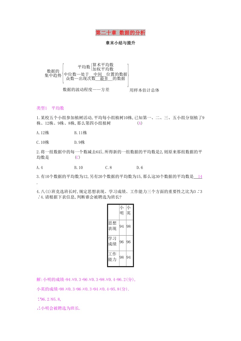 2019年春八年级数学下册第二十章数据的分析章末小结与提升课时作业 新人教版.doc_第1页