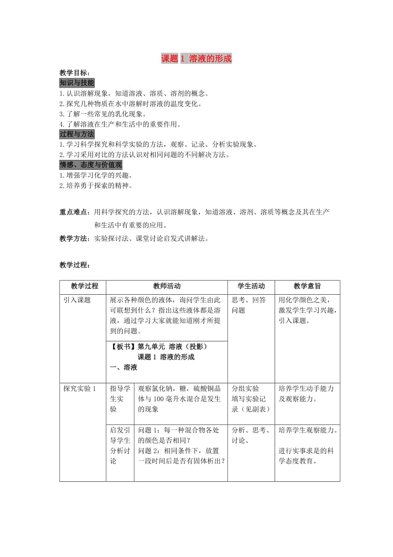 2019春九年级化学下册 第九单元 溶液 课题1 溶液的形成教案 （新版）新人教版.doc_第1页