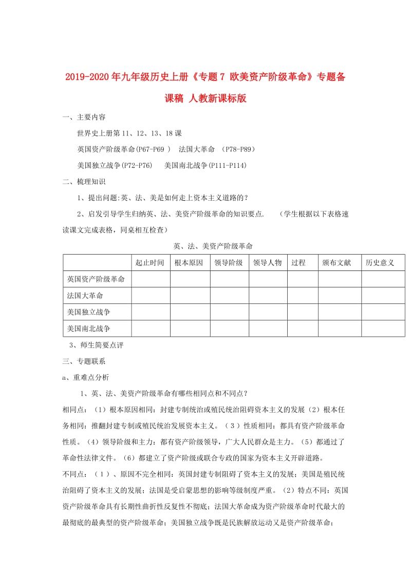 2019-2020年九年级历史上册《专题7 欧美资产阶级革命》专题备课稿 人教新课标版.doc_第1页