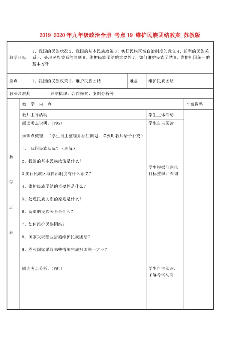 2019-2020年九年级政治全册 考点19 维护民族团结教案 苏教版.doc_第1页