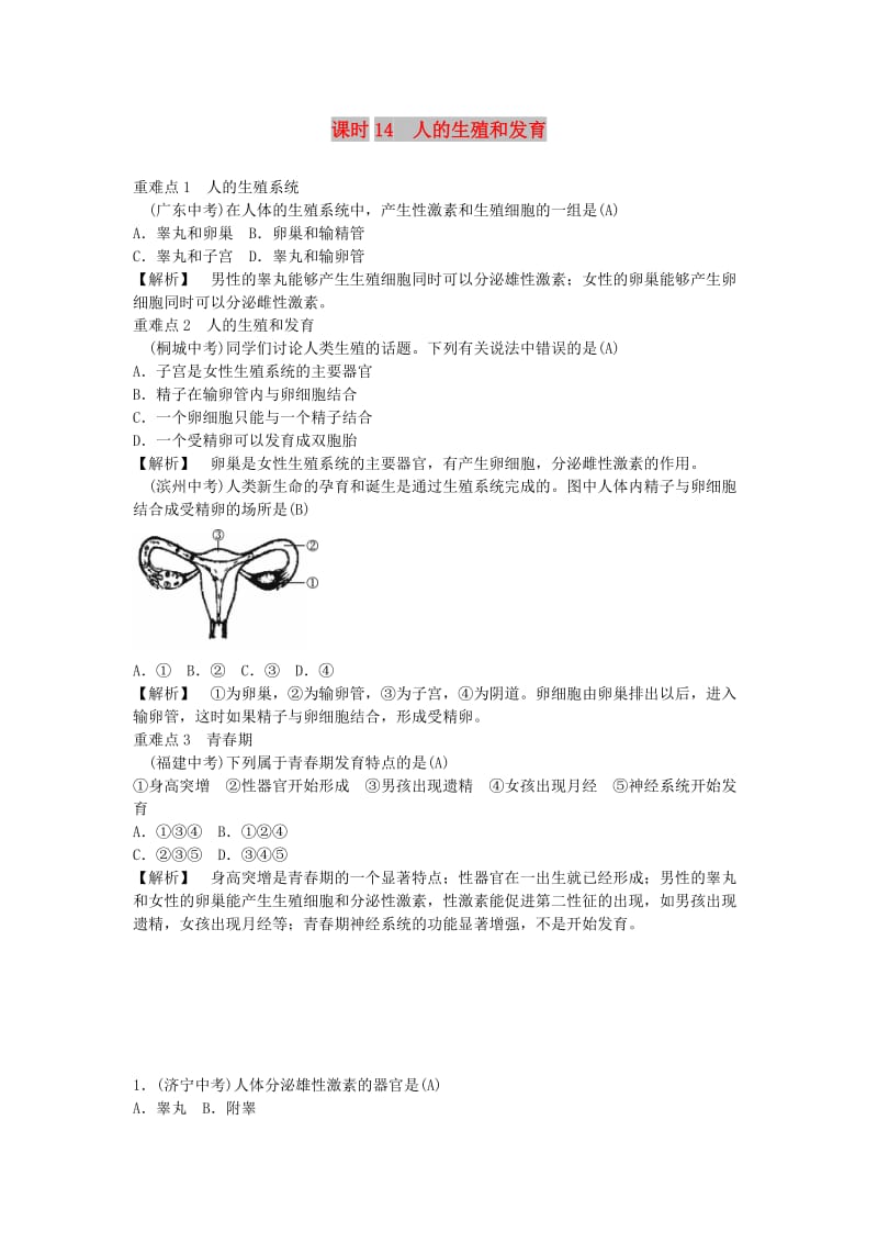 2019年中考生物总复习 主题六 生物的生殖和发育 遗传与变异 课时14 人的生殖和发育.doc_第1页