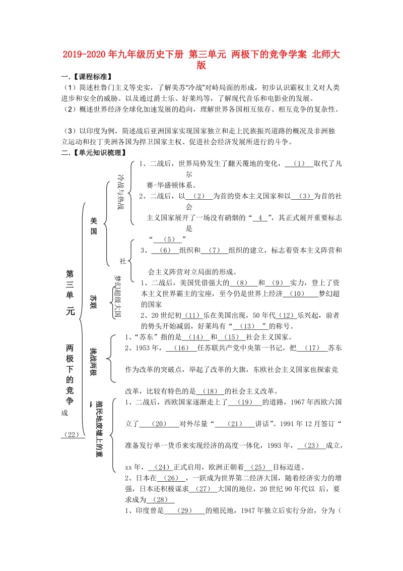 2019-2020年九年级历史下册 第三单元 两极下的竞争学案 北师大版.doc_第1页