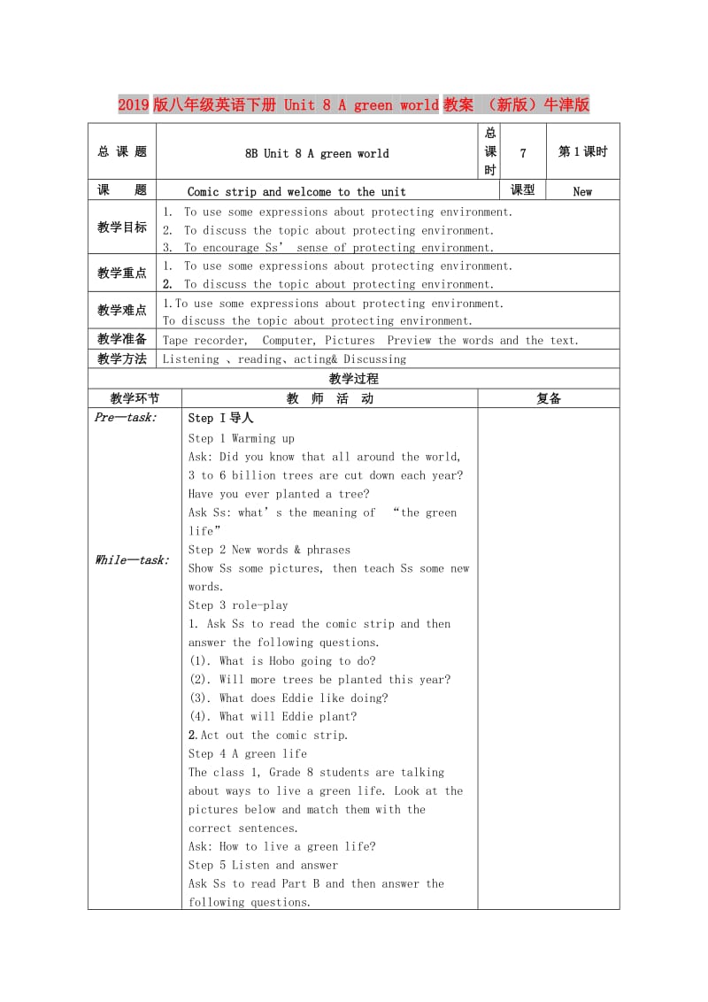 2019版八年级英语下册 Unit 8 A green world教案 （新版）牛津版.doc_第1页