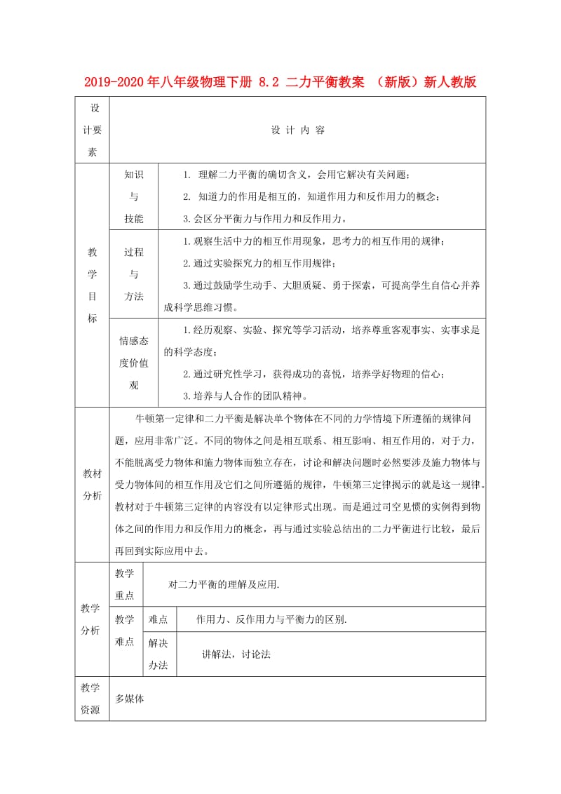 2019-2020年八年级物理下册 8.2 二力平衡教案 （新版）新人教版.doc_第1页