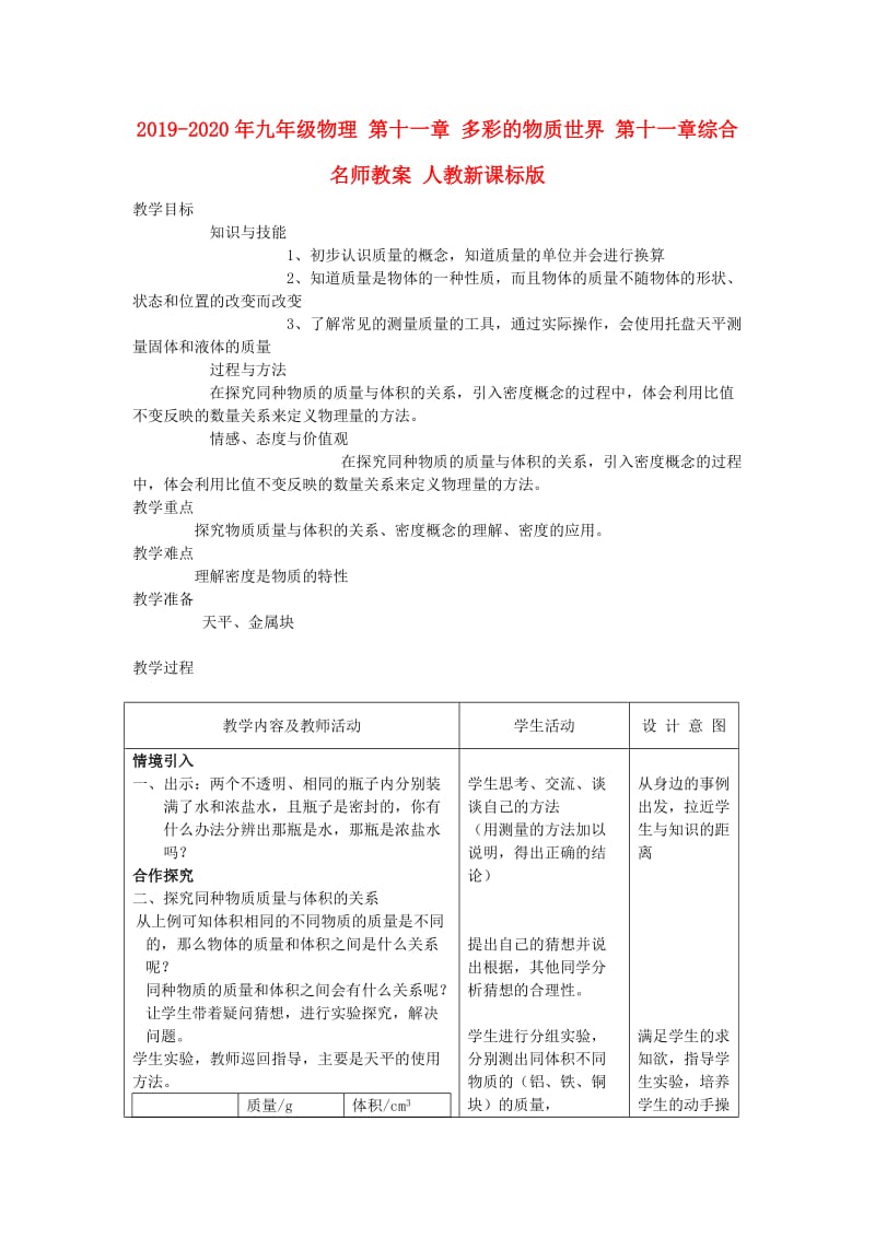 2019-2020年九年级物理 第十一章 多彩的物质世界 第十一章综合名师教案 人教新课标版.doc_第1页