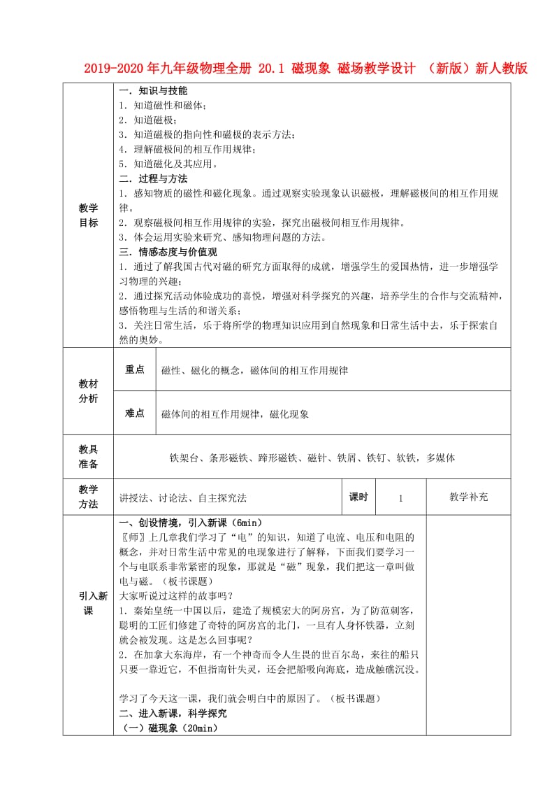 2019-2020年九年级物理全册 20.1 磁现象 磁场教学设计 （新版）新人教版.doc_第1页