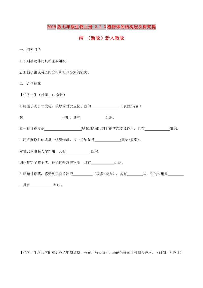 2019版七年级生物上册 2.2.3植物体的结构层次探究提纲 （新版）新人教版.doc_第1页