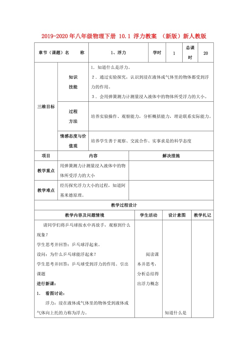 2019-2020年八年级物理下册 10.1 浮力教案 （新版）新人教版.doc_第1页