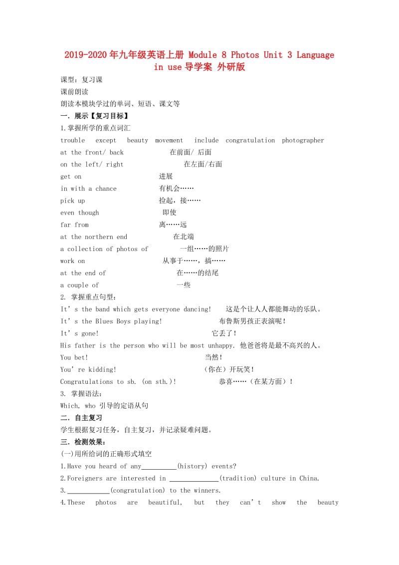 2019-2020年九年级英语上册 Module 8 Photos Unit 3 Language in use导学案 外研版.doc_第1页