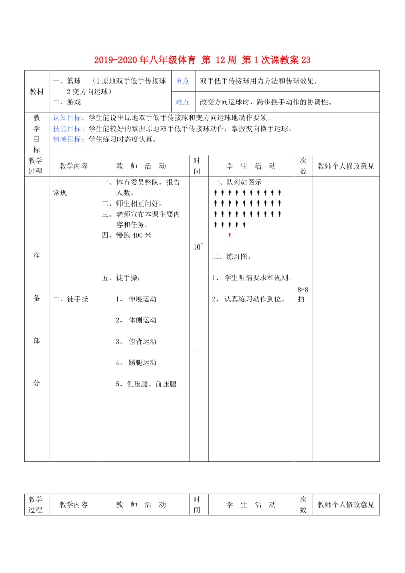 2019-2020年八年级体育 第 12周 第1次课教案23.doc_第1页