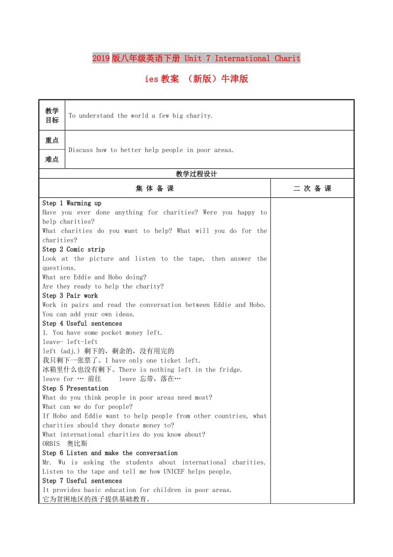 2019版八年级英语下册 Unit 7 International Charities教案 （新版）牛津版.doc_第1页