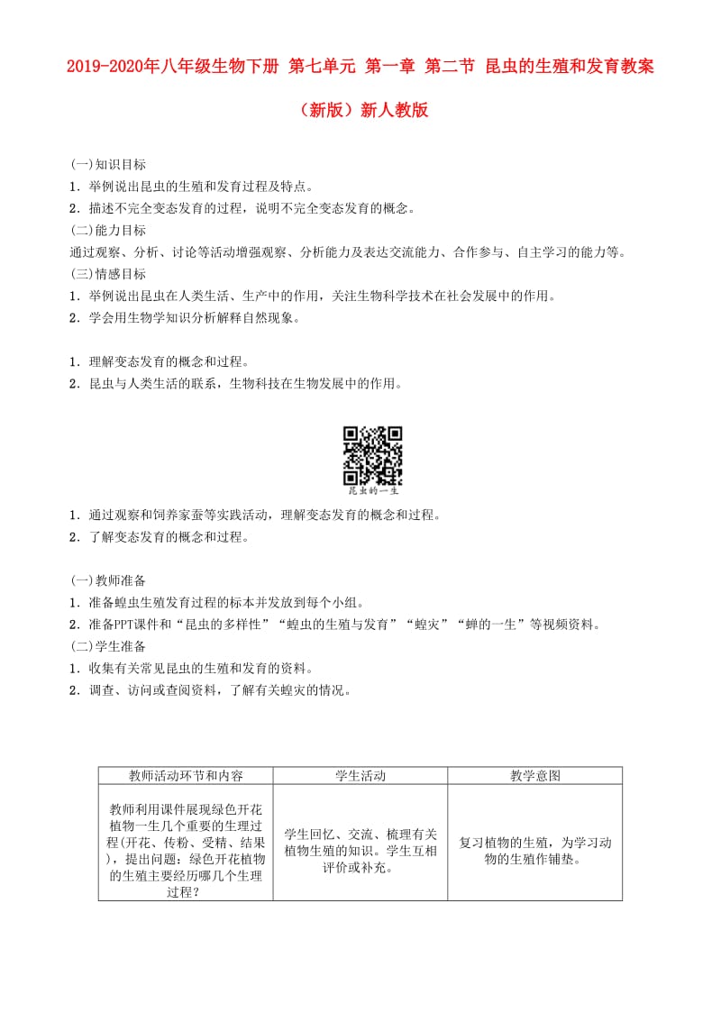 2019-2020年八年级生物下册 第七单元 第一章 第二节 昆虫的生殖和发育教案 （新版）新人教版.doc_第1页