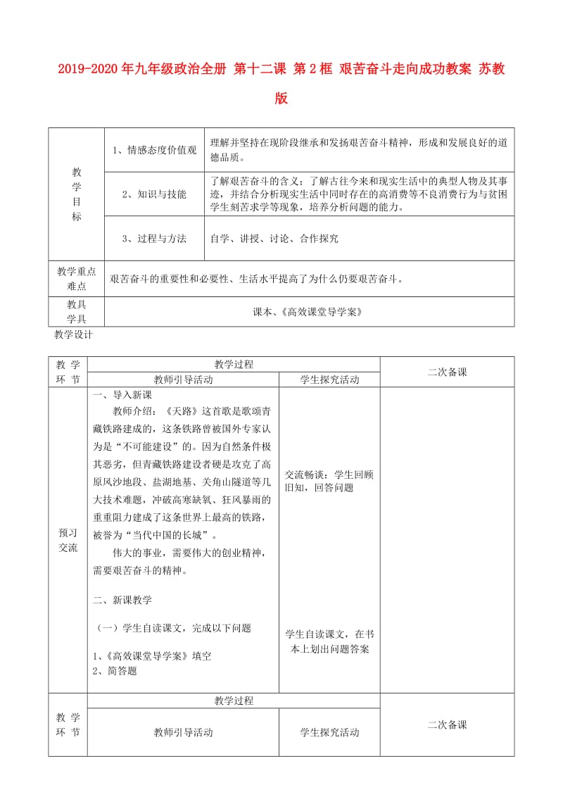 2019-2020年九年级政治全册 第十二课 第2框 艰苦奋斗走向成功教案 苏教版.doc_第1页