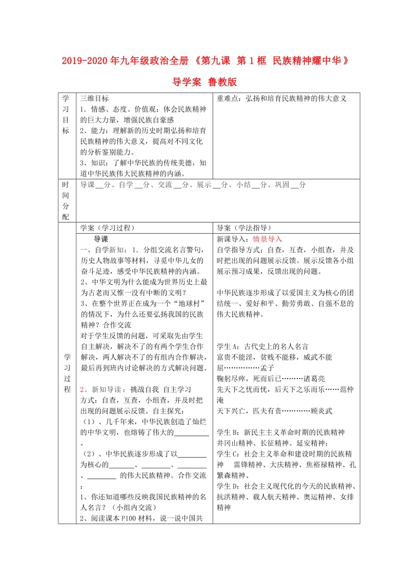 2019-2020年九年级政治全册《第九课 第1框 民族精神耀中华》导学案 鲁教版.doc_第1页