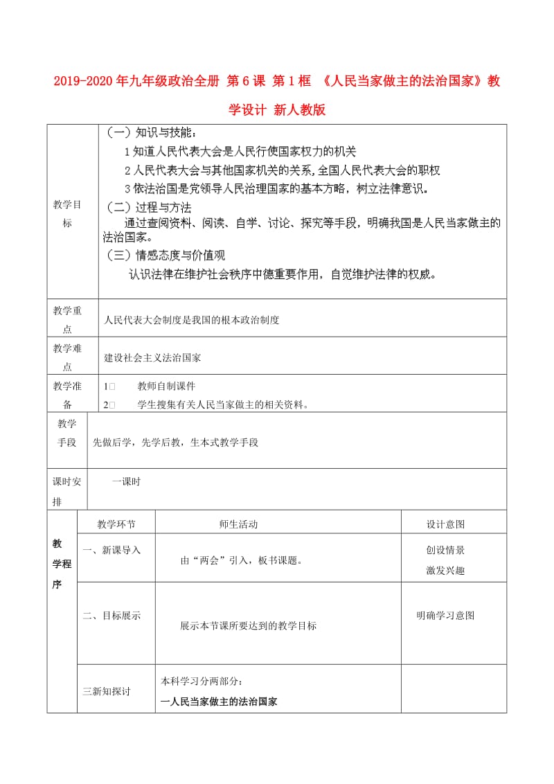 2019-2020年九年级政治全册 第6课 第1框 《人民当家做主的法治国家》教学设计 新人教版.doc_第1页