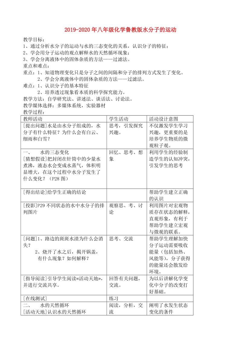 2019-2020年八年级化学鲁教版水分子的运动.doc_第1页