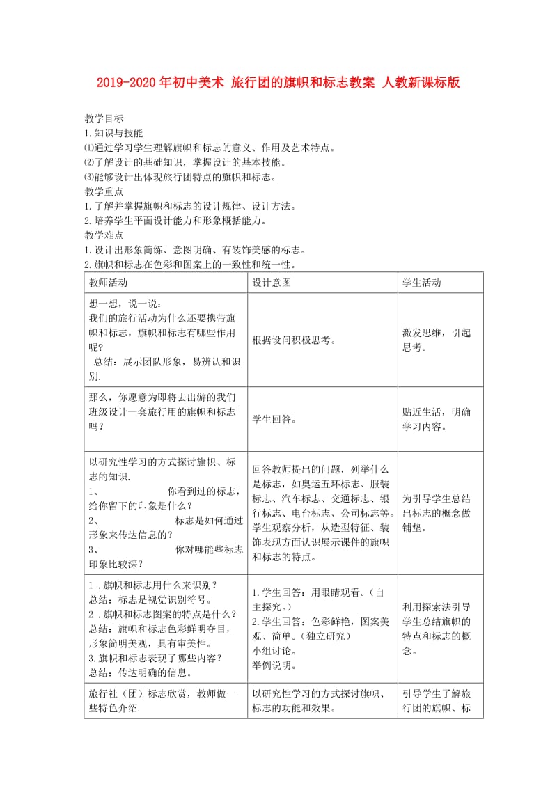 2019-2020年初中美术 旅行团的旗帜和标志教案 人教新课标版.doc_第1页