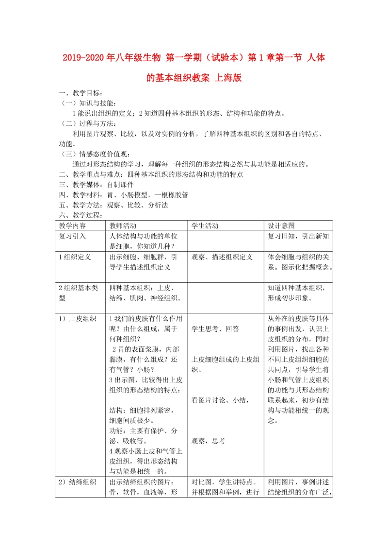 2019-2020年八年级生物 第一学期（试验本）第1章第一节 人体的基本组织教案 上海版.doc_第1页