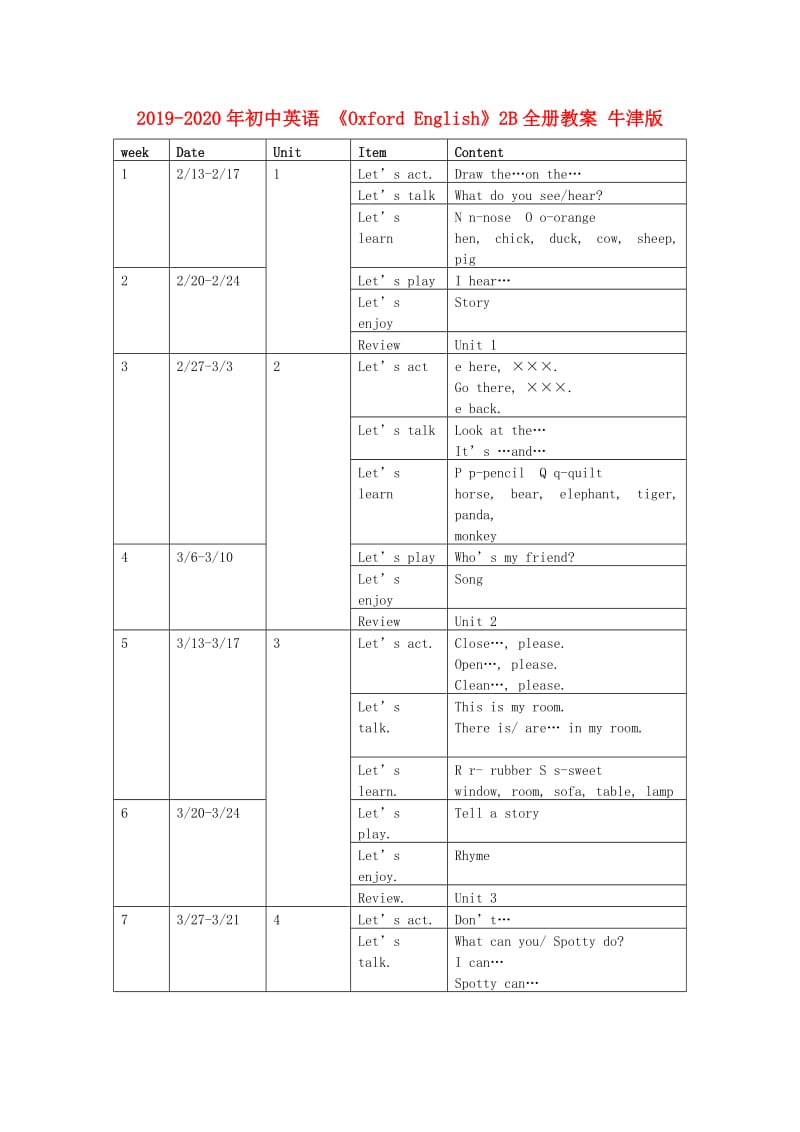 2019-2020年初中英语 《Oxford English》2B全册教案 牛津版.doc_第1页