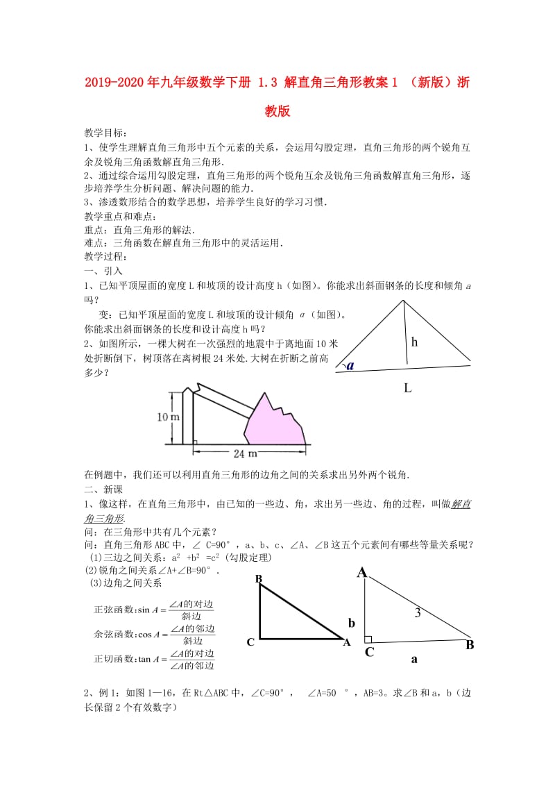 2019-2020年九年级数学下册 1.3 解直角三角形教案1 （新版）浙教版.doc_第1页