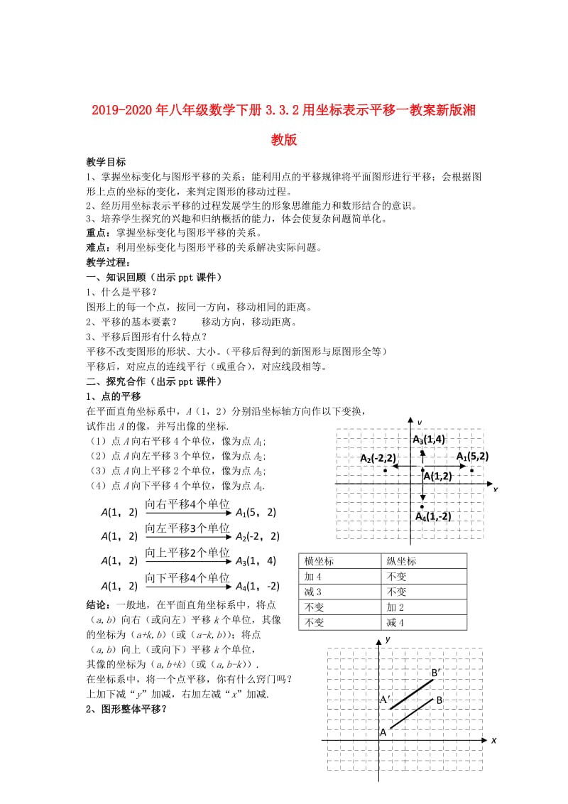 2019-2020年八年级数学下册3.3.2用坐标表示平移一教案新版湘教版.doc_第1页