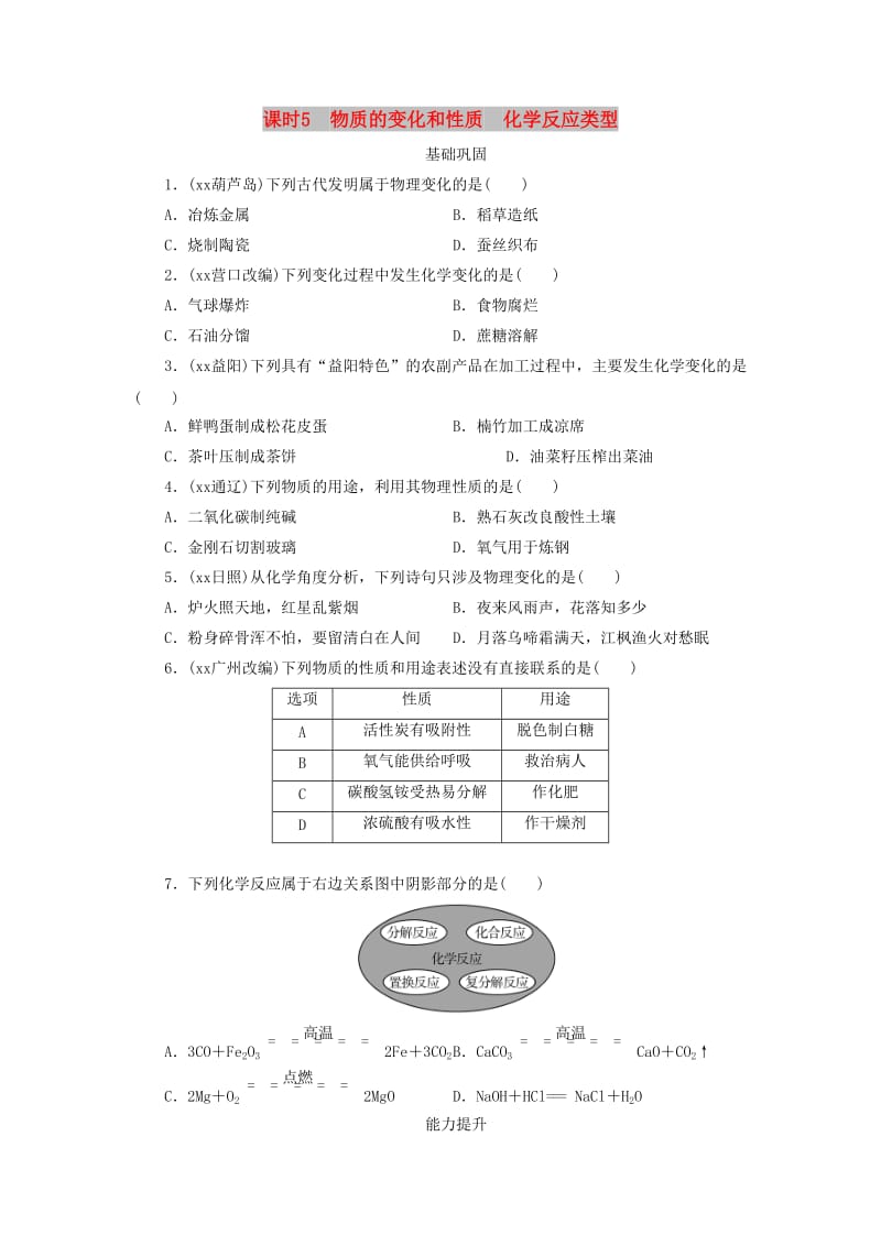 广东省中考化学总复习 课时5 物质的变化和性质 化学反应类型练习.doc_第1页