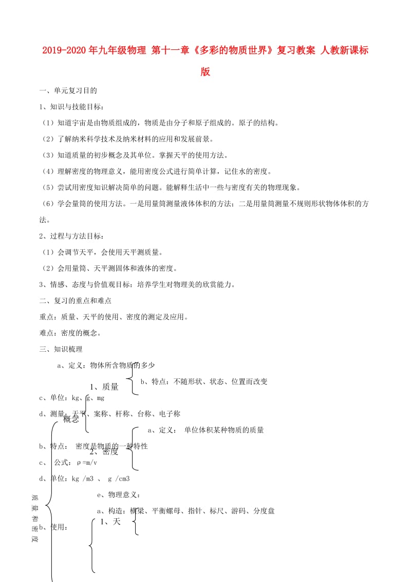 2019-2020年九年级物理 第十一章《多彩的物质世界》复习教案 人教新课标版.doc_第1页