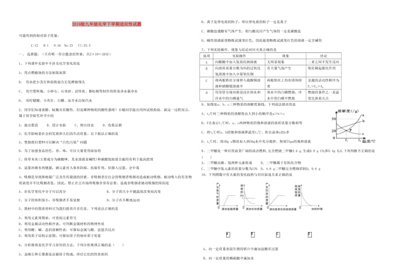 2019版九年级化学下学期适应性试题.doc_第1页