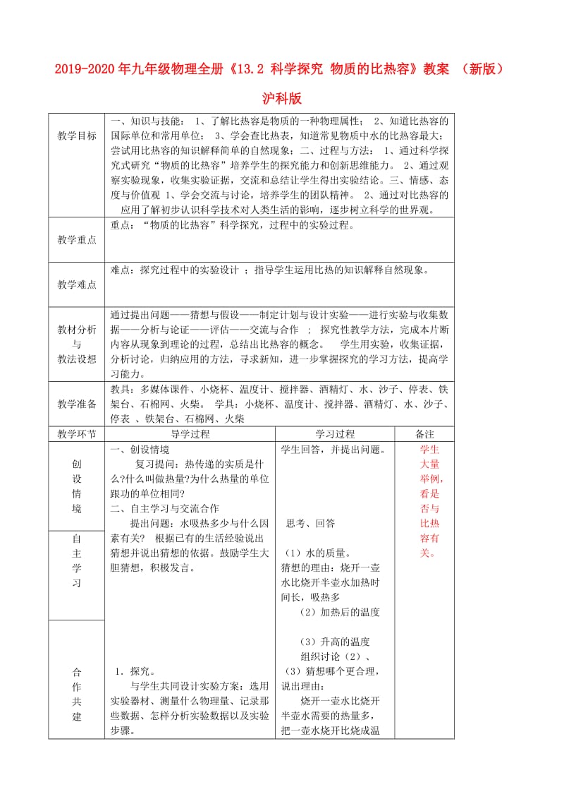 2019-2020年九年级物理全册《13.2 科学探究 物质的比热容》教案 （新版）沪科版.doc_第1页