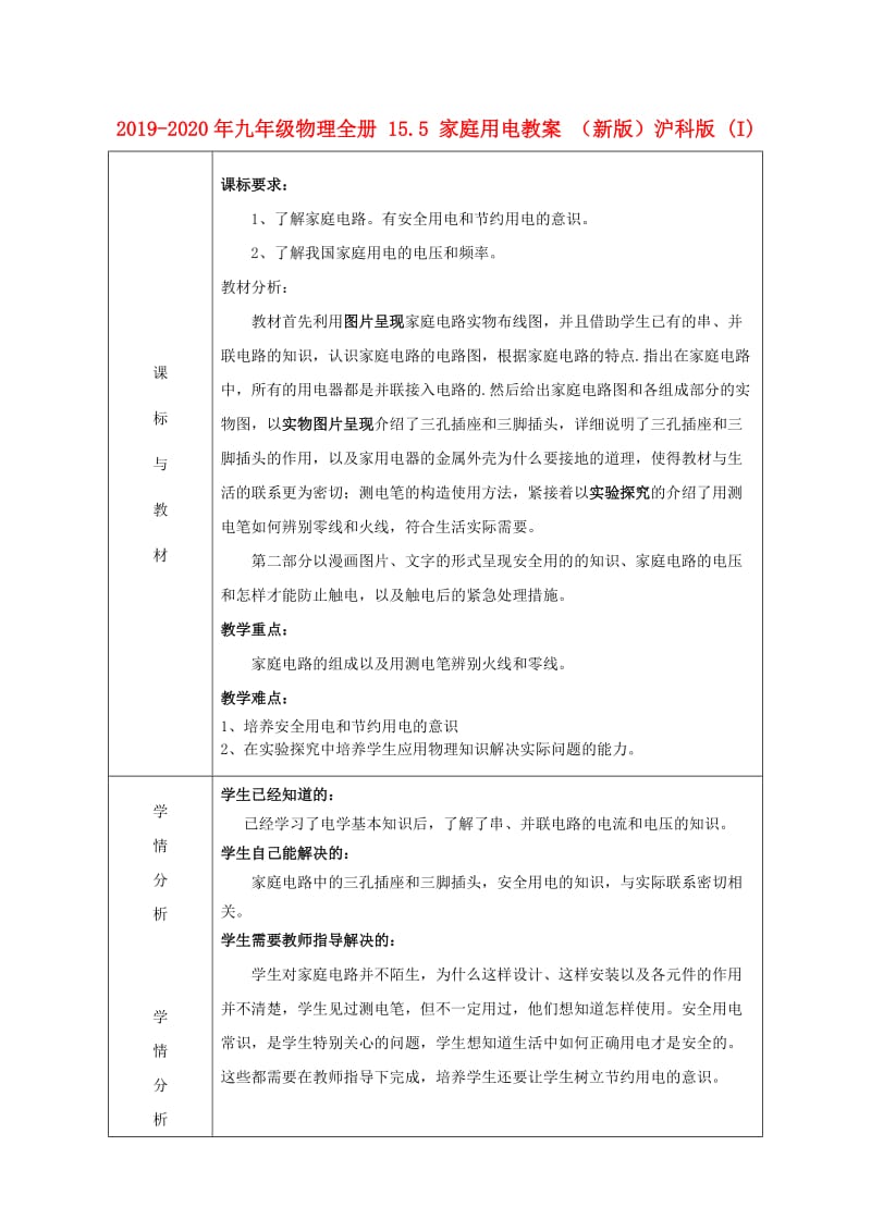 2019-2020年九年级物理全册 15.5 家庭用电教案 （新版）沪科版 (I).doc_第1页