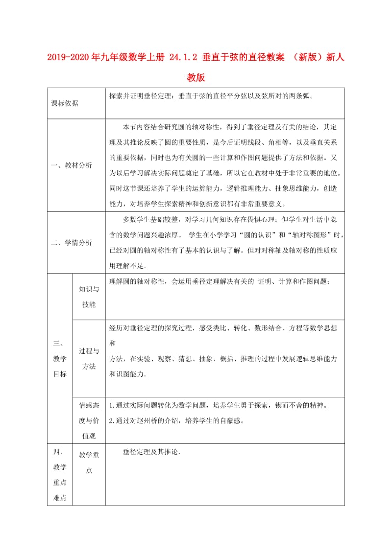 2019-2020年九年级数学上册 24.1.2 垂直于弦的直径教案 （新版）新人教版.doc_第1页