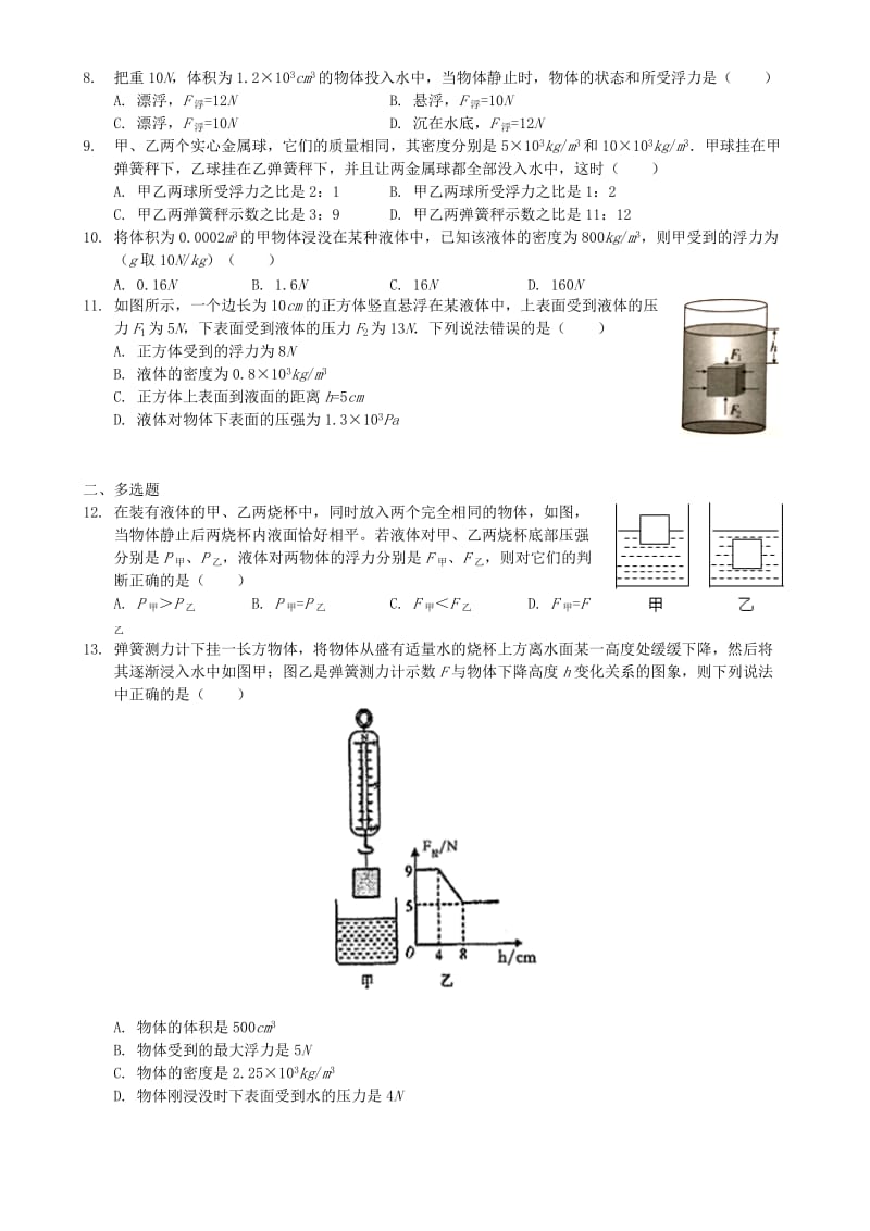 八年级物理下册 第十章 浮力单元测验试卷 （新版）新人教版.doc_第2页