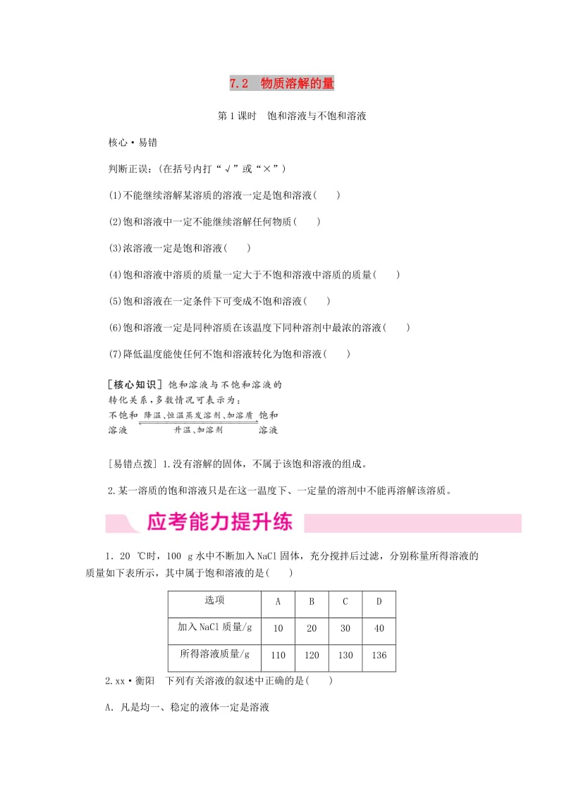 2018-2019学年九年级化学下册 第七章 溶液 7.2 第1课时 饱和溶液与不饱和溶液同步练习 （新版）粤教版.doc_第1页