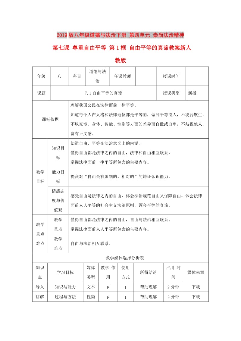 2019版八年级道德与法治下册 第四单元 崇尚法治精神 第七课 尊重自由平等 第1框 自由平等的真谛教案新人教版.doc_第1页