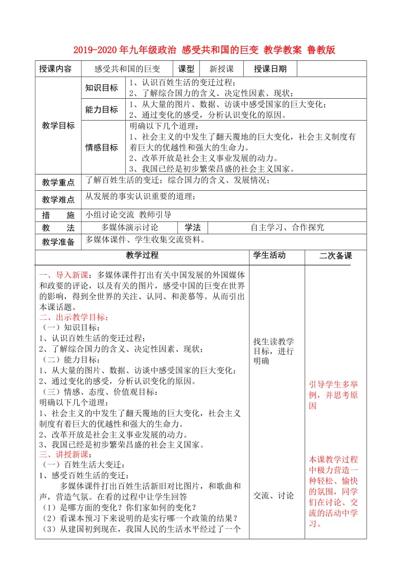 2019-2020年九年级政治 感受共和国的巨变 教学教案 鲁教版.doc_第1页