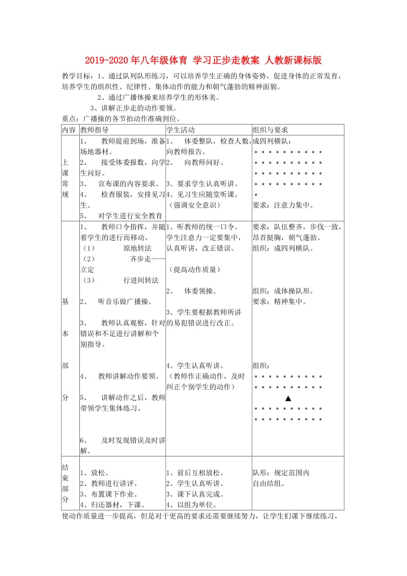 2019-2020年八年级体育 学习正步走教案 人教新课标版.doc_第1页