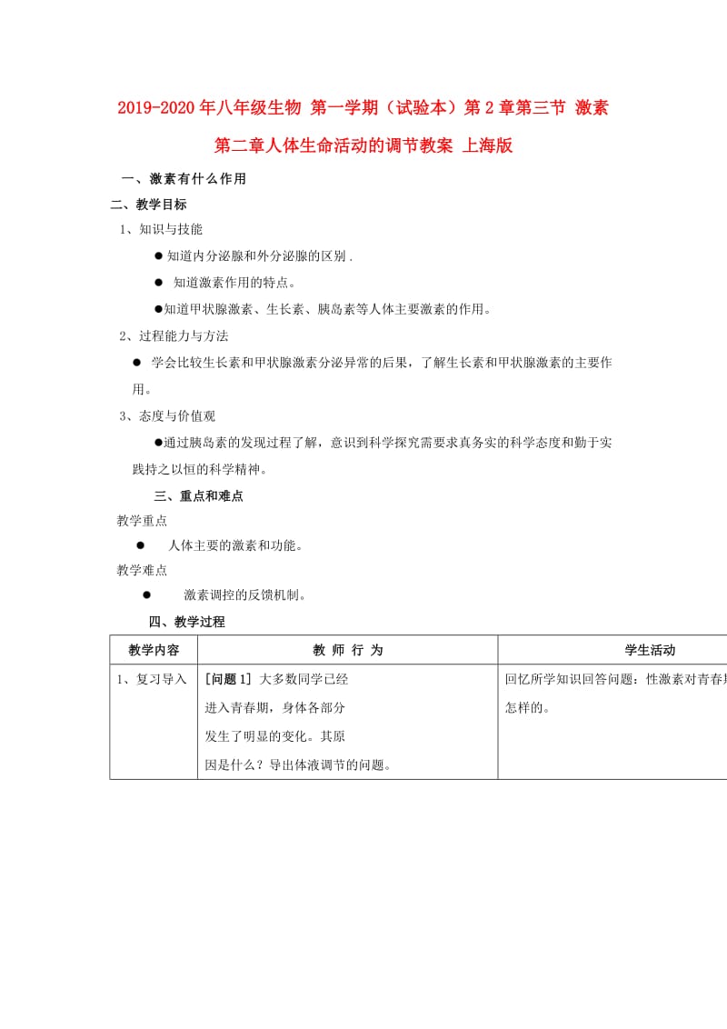 2019-2020年八年级生物 第一学期（试验本）第2章第三节 激素 第二章人体生命活动的调节教案 上海版.doc_第1页