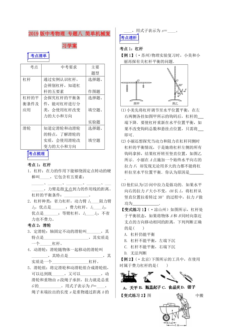 2019版中考物理 专题八 简单机械复习学案.doc_第1页