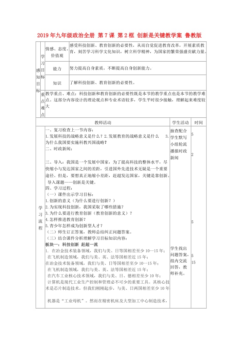 2019年九年级政治全册 第7课 第2框 创新是关键教学案 鲁教版.doc_第1页