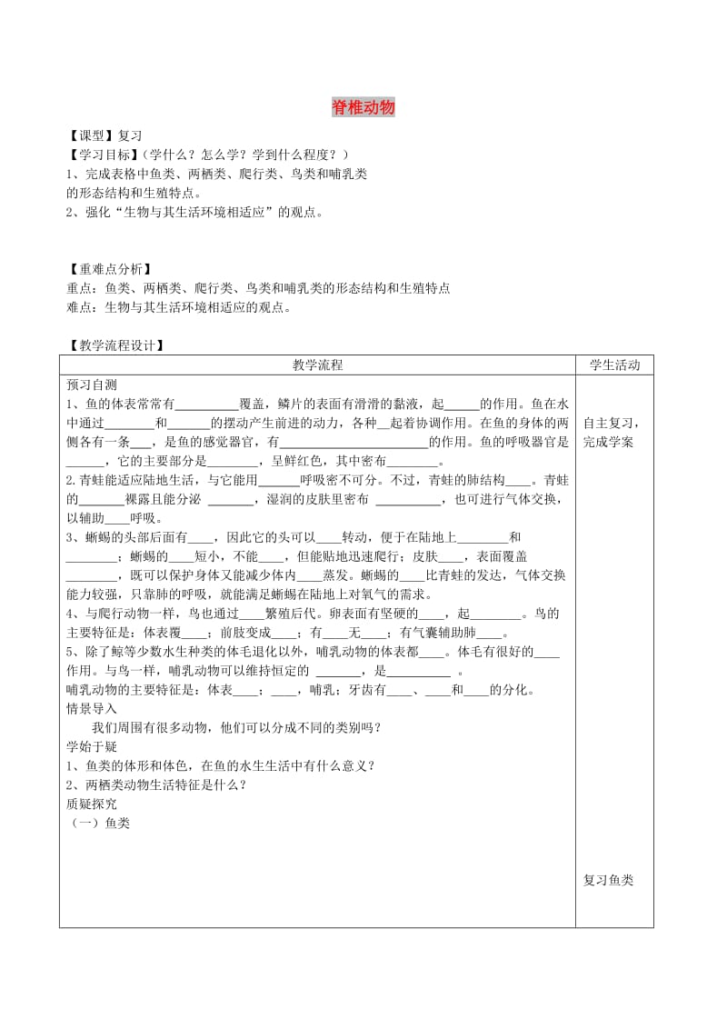 山东泰安市八年级生物下册 脊椎动物学案 鲁教版五四制.doc_第1页