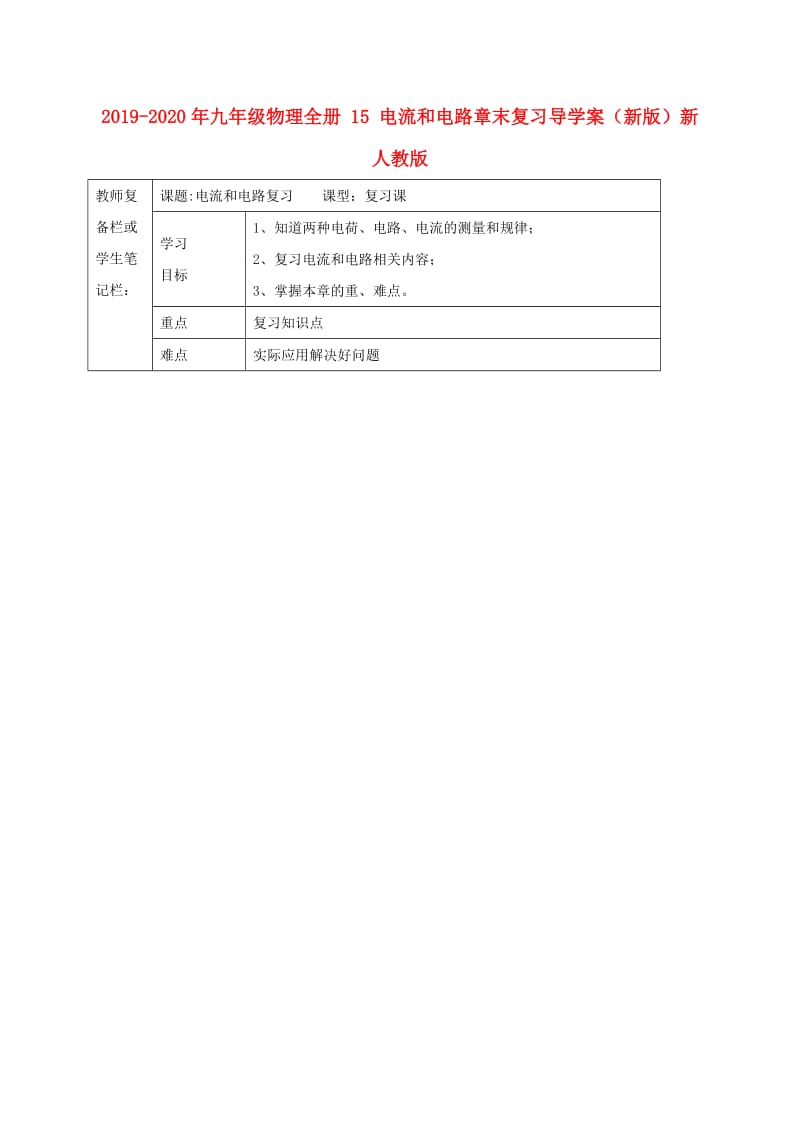 2019-2020年九年级物理全册 15 电流和电路章末复习导学案（新版）新人教版.doc_第1页