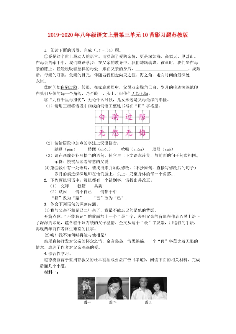 2019-2020年八年级语文上册第三单元10背影习题苏教版.doc_第1页