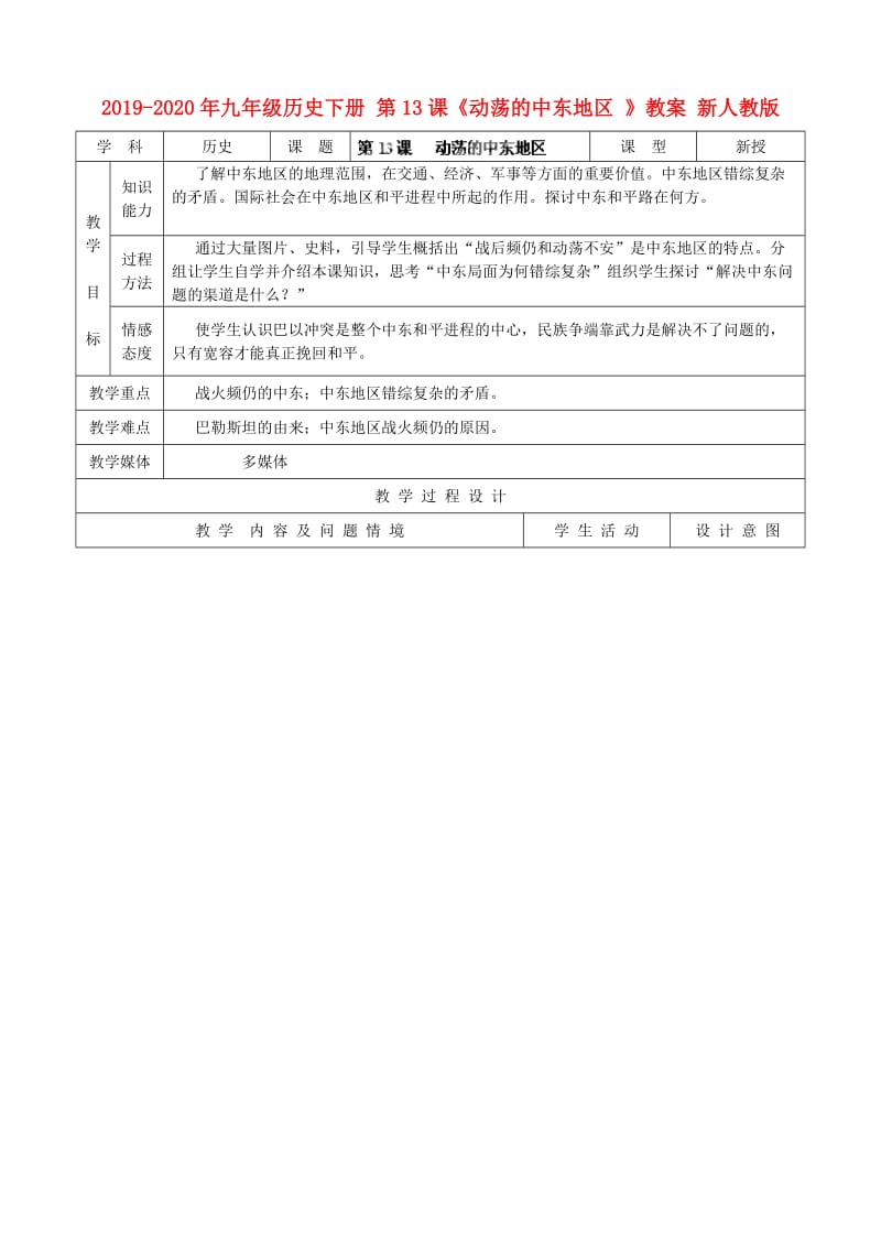 2019-2020年九年级历史下册 第13课《动荡的中东地区 》教案 新人教版.doc_第1页